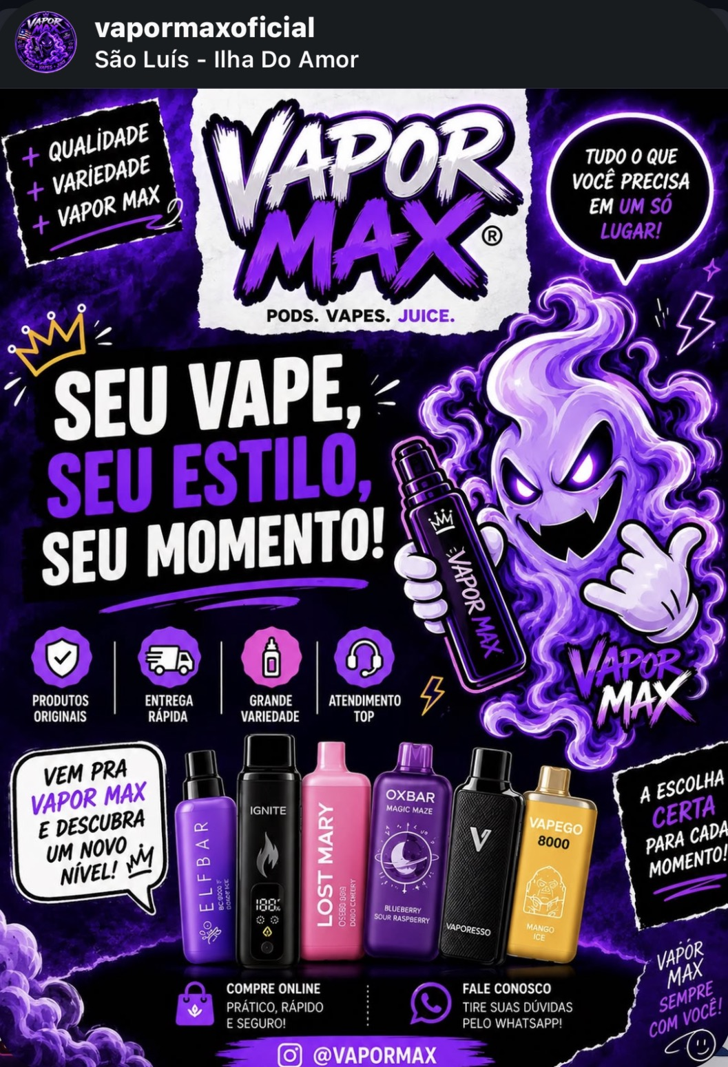 Vapor Max — pods, vapes e essências em São Luís